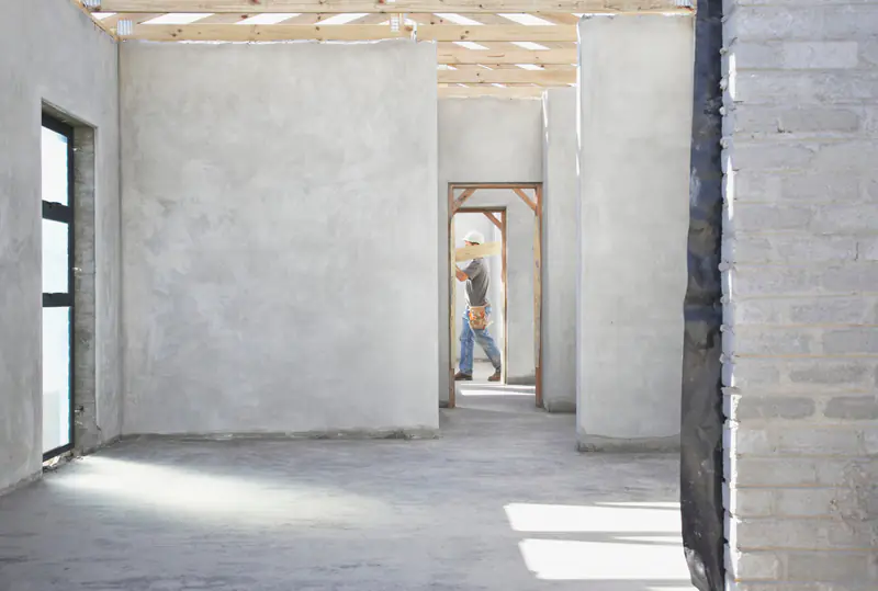 Rohbau-Innenraum mit Betonwänden während der Bauphase