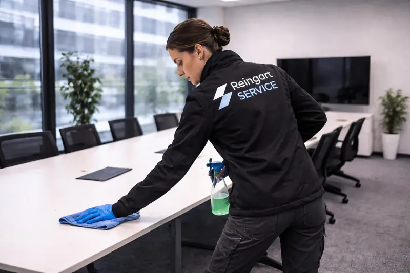 Mitarbeiterin von Reingart Service wischt einen Konferenztisch ab