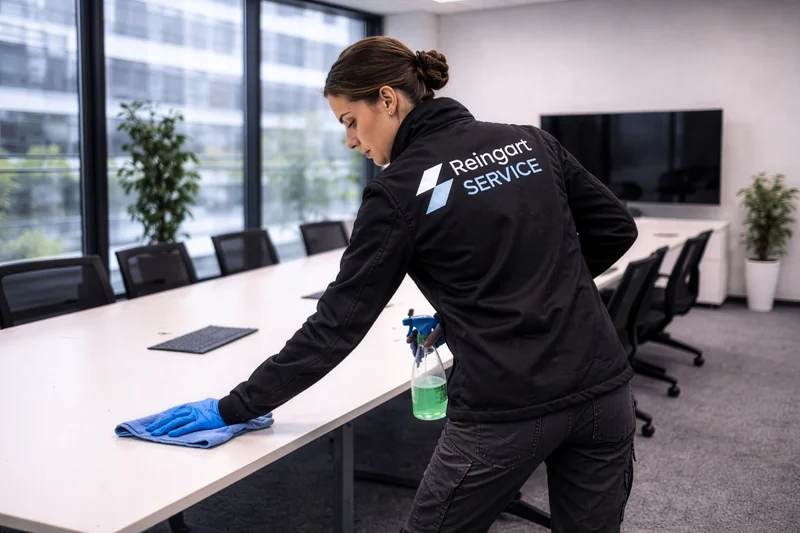 Mitarbeiterin von Reingart Service wischt einen Konferenztisch im Büro ab
