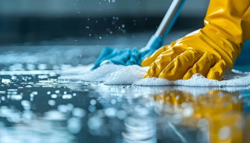 Hände in Schutzhandschuhen reinigen eine Oberfläche besonders gründlich