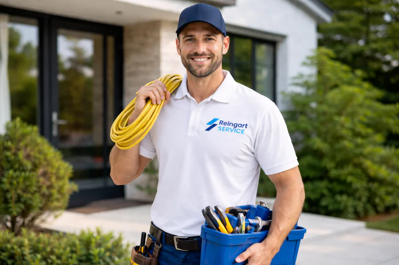 Hausmeister von Reingart Service mit Kabel und Werkzeugkiste vor einem Wohnhaus