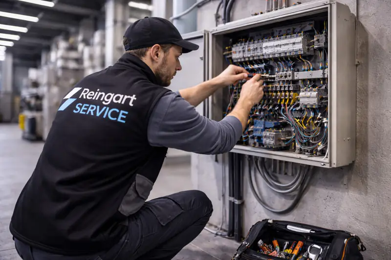 Mitarbeiter von Reingart Service arbeitet an einem Schaltschrank