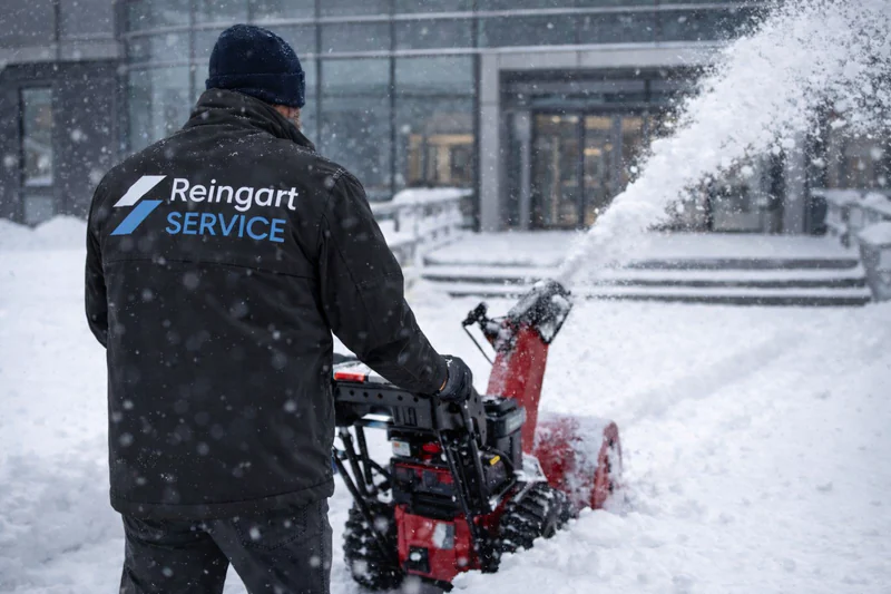 Mitarbeiter von Reingart Service räumt mit einer Schneefräse Schnee vor einem Bürogebäude